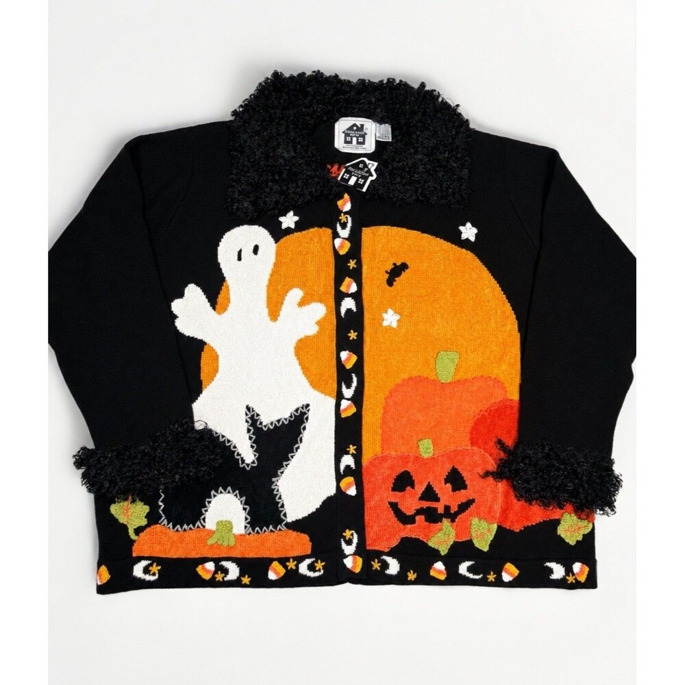NWT Storybook Knits Halloween Cardigan 3X Mischief Night Chenille Ghost Pumpkin